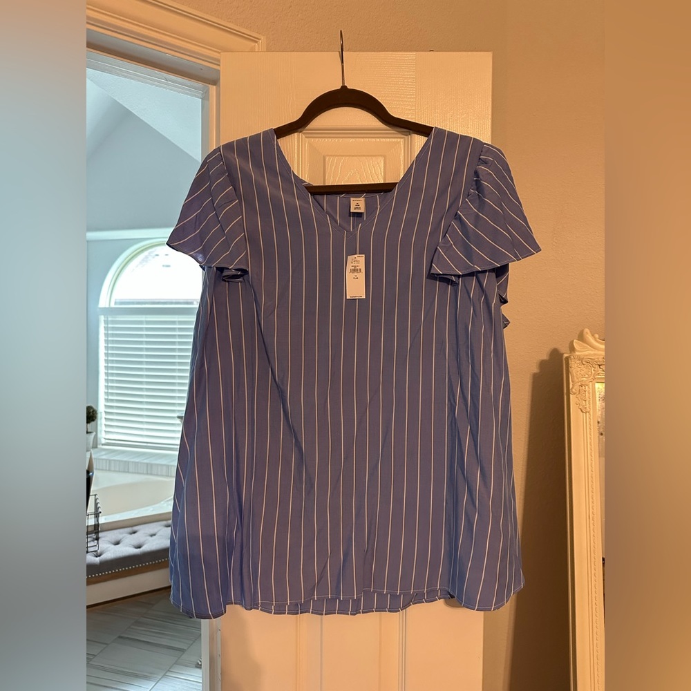 NWT! Flutter sleeve, blue/white striped blouse.